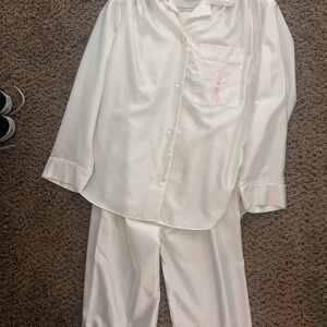 Dior Ivory Satin Pajama Set with Pink Pocket Embroidery